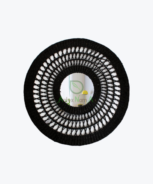 Black round open weave seagrass mirror for wall decor