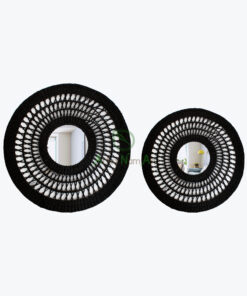 Black round open weave seagrass mirror for wall decor