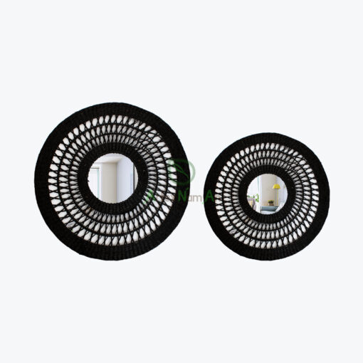 Black round open weave seagrass mirror for wall decor