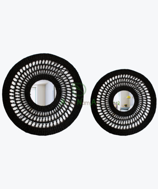 Black round open weave seagrass mirror for wall decor