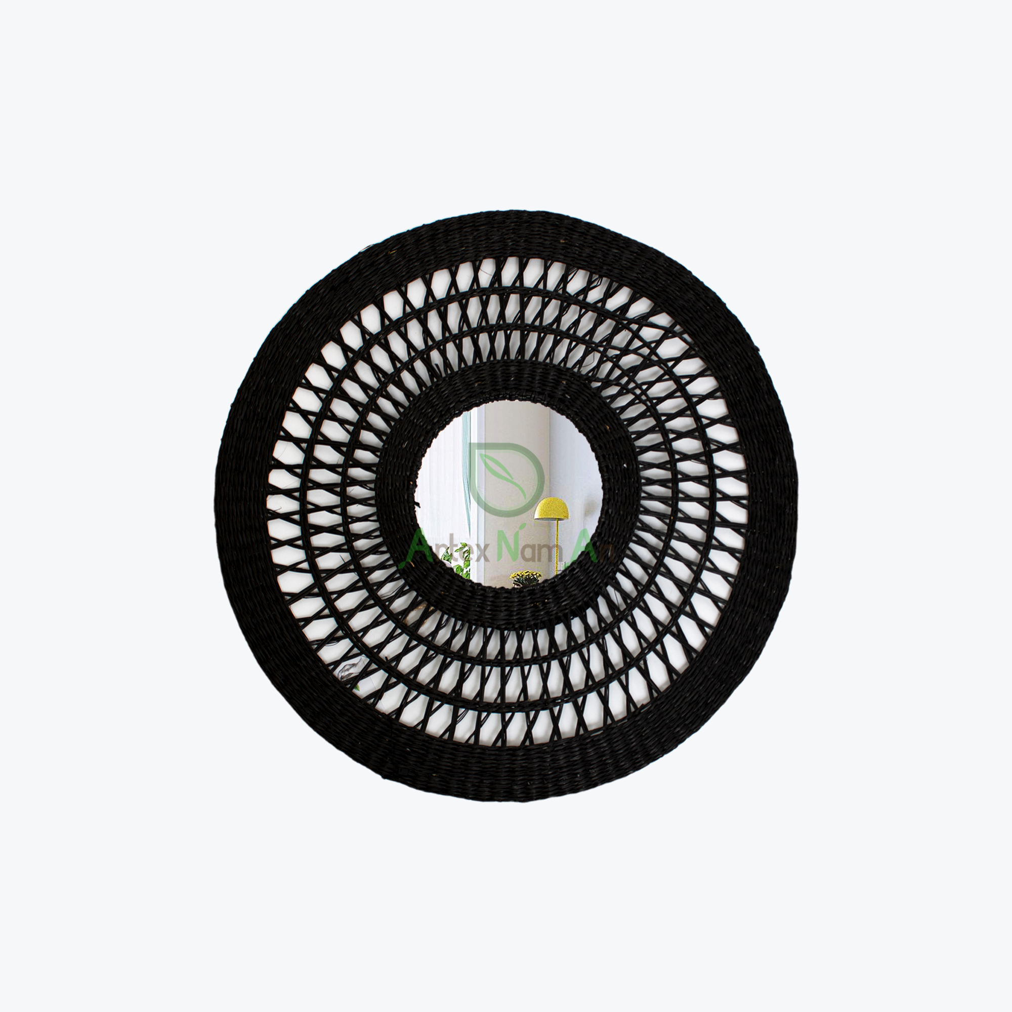 Black round open weave seagrass mirror for wall decor