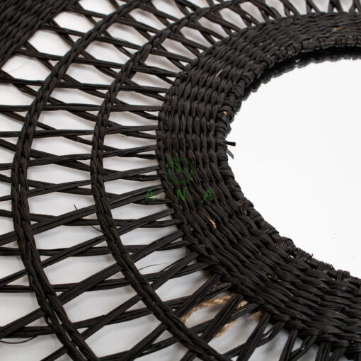 Black round open weave seagrass mirror for wall decor