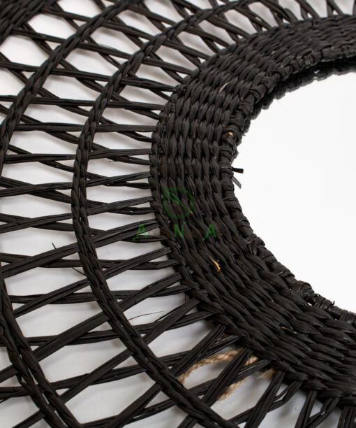 Black round open weave seagrass mirror for wall decor