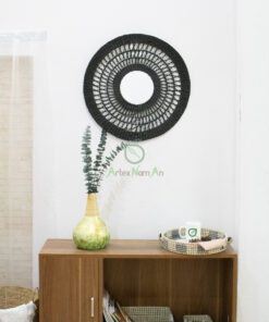Black round open weave seagrass mirror for wall decor