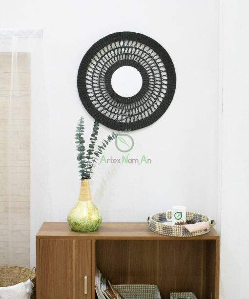 Black round open weave seagrass mirror for wall decor