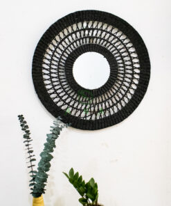 Black round open weave seagrass mirror for wall decor