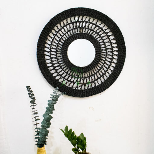 Black round open weave seagrass mirror for wall decor