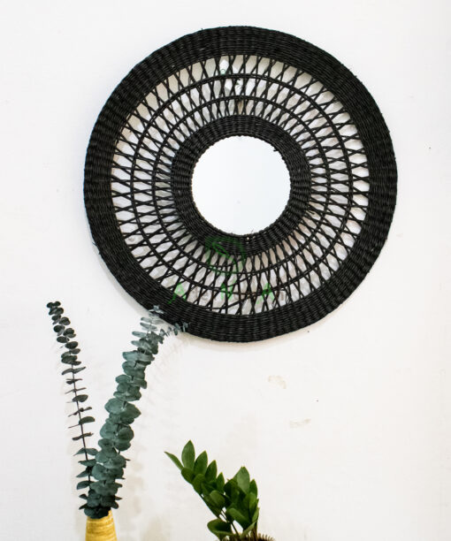 Black round open weave seagrass mirror for wall decor