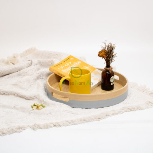 Natural round spun bamboo tray for serving and home decor