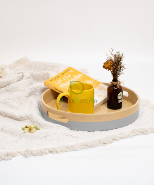 Natural round spun bamboo tray for serving and home decor