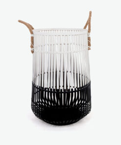 black and white japandi bamboo laundry basket