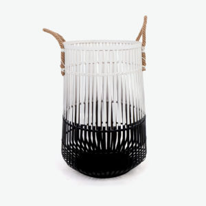 black and white japandi bamboo laundry basket