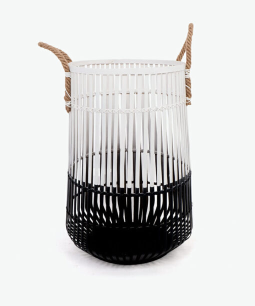 black and white japandi bamboo laundry basket