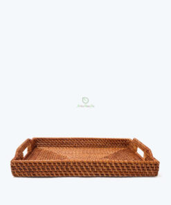 Handwoven rectangular rattan serving storage tray with handles wholesale