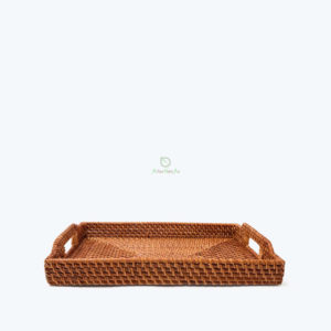 Handwoven rectangular rattan serving storage tray with handles wholesale