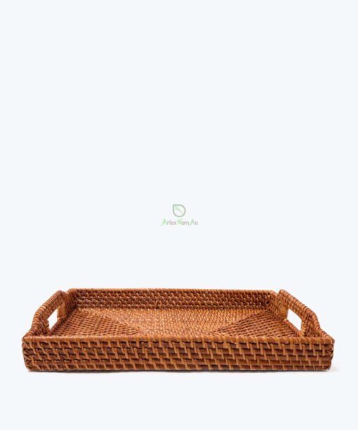 Handwoven rectangular rattan serving storage tray with handles wholesale