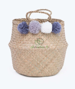Vietnam Wholesale Small Decorative Seagrass Belly Basket With Pom Pom