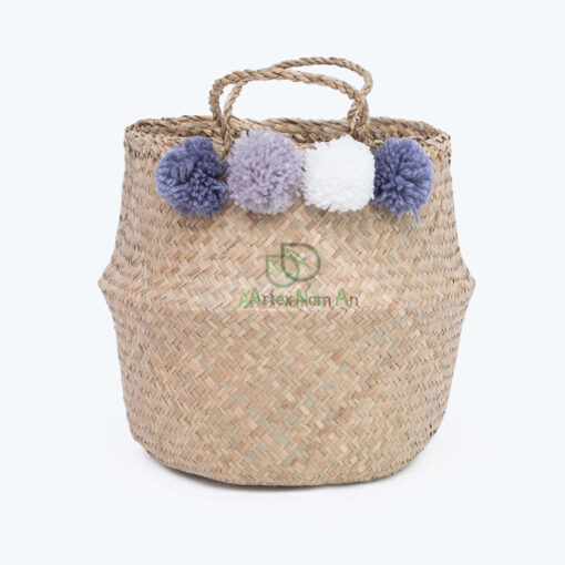 Vietnam Wholesale Small Decorative Seagrass Belly Basket With Pom Pom