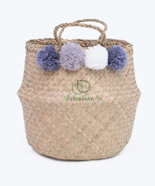 Vietnam Wholesale Small Decorative Seagrass Belly Basket With Pom Pom