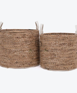 Round Water Hyacinth Storage Organizer With Leather Handles