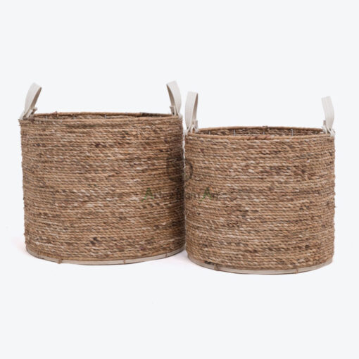 Round Water Hyacinth Storage Organizer With Leather Handles
