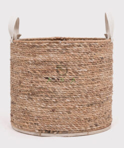 Natural Round Water Hyacinth Storage Organizer With Leather Handles