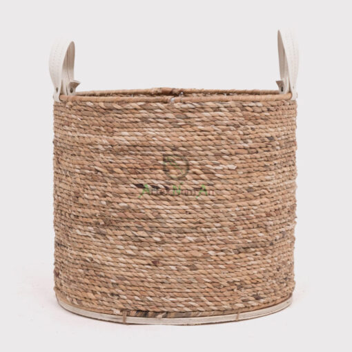 Natural Round Water Hyacinth Storage Organizer With Leather Handles
