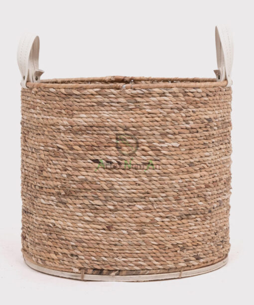 Natural Round Water Hyacinth Storage Organizer With Leather Handles