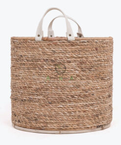 Natural Round Water Hyacinth Storage Organizer With Leather Handles