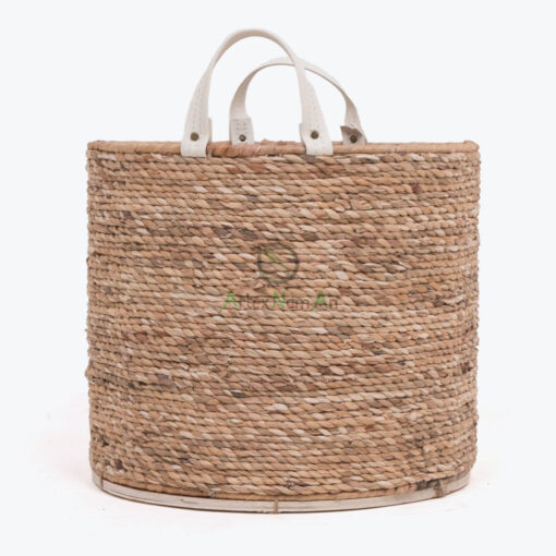 Natural Round Water Hyacinth Storage Organizer With Leather Handles