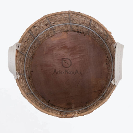 Natural Round Water Hyacinth Storage Organizer With Leather Handles