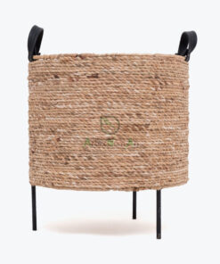 Round Woven Water Hyacinth Plant Pot Stand With Leather Handles