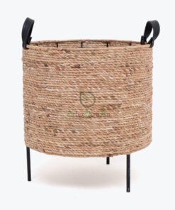 Round Woven Water Hyacinth Plant Pot Stand With Leather Handles