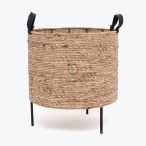 Round Woven Water Hyacinth Plant Pot Stand With Leather Handles