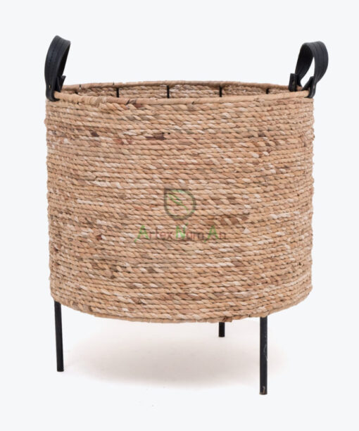 Round Woven Water Hyacinth Plant Pot Stand With Leather Handles