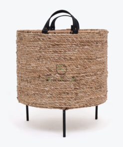 Round Woven Water Hyacinth Plant Pot Stand With Leather Handles
