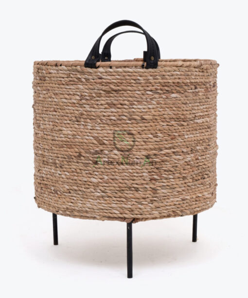 Round Woven Water Hyacinth Plant Pot Stand With Leather Handles