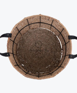 Round Woven Water Hyacinth Plant Pot Stand With Leather Handles