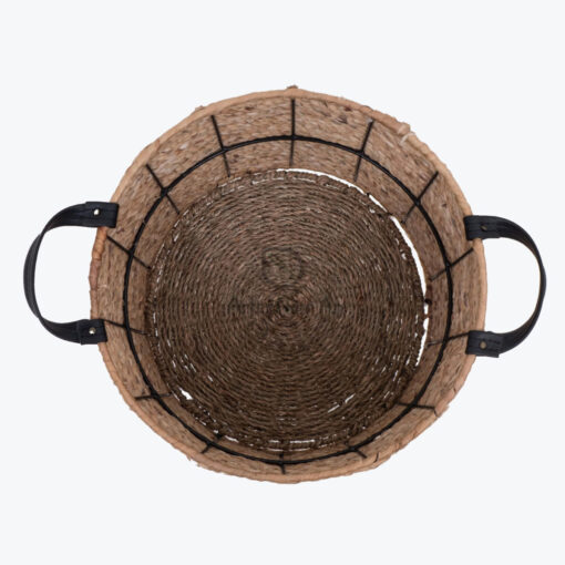 Round Woven Water Hyacinth Plant Pot Stand With Leather Handles