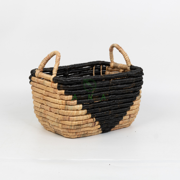 Rolled weave bi-color water hyacinth laundry basket 
