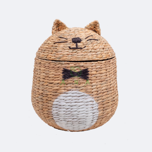 Cat-shaped wicker hamper with rice nut weave water hyacinth