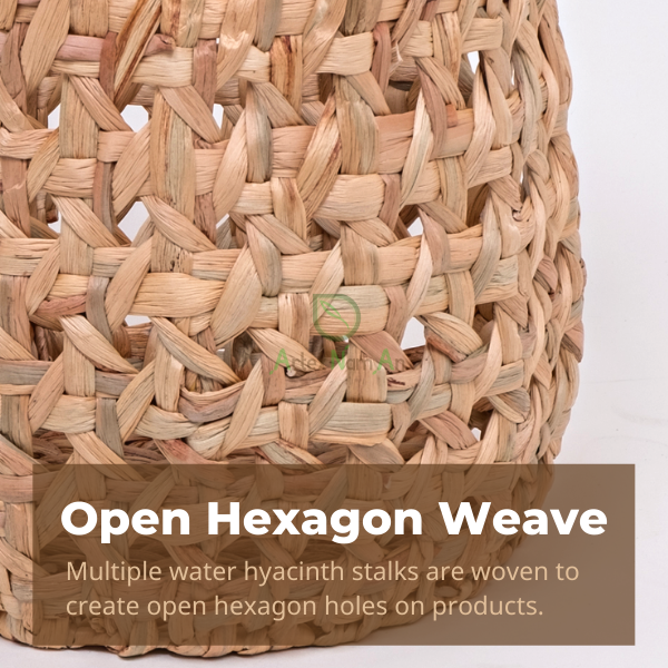 Open hexagon weave of water hyacinth basket
