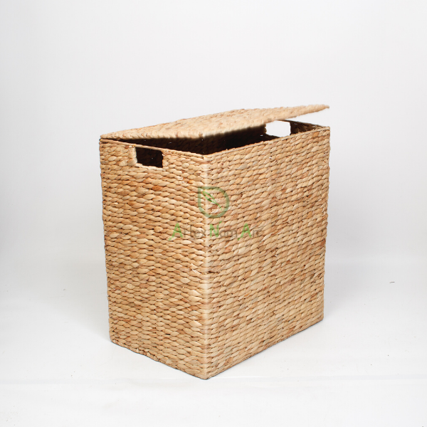 Rectangular hyacinth wicker laundry hamper with rice nut weave