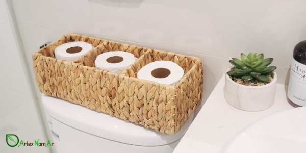 Water hyacinth three-compartment storage bin features arrow weave.