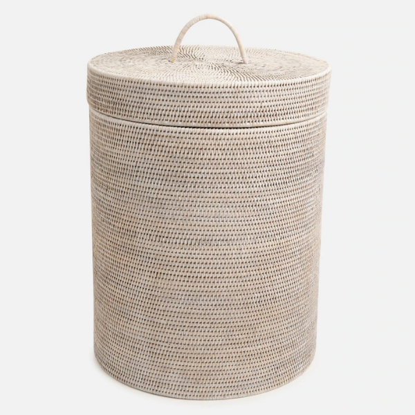 White round rattan laundry hamper with lid
