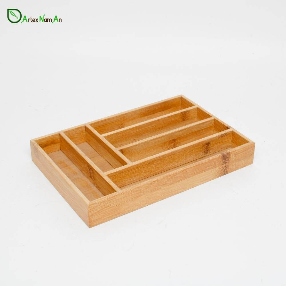 Rattan cane vs bamboo  - Bamboo 6-compartment cutlery organizer tray wholesale