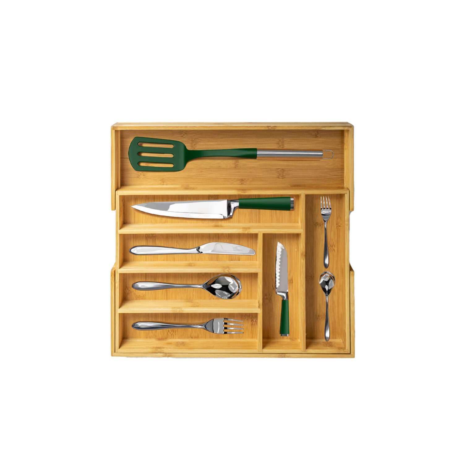 Shop Wholesale Natural FSC Bamboo Expandable Cutlery Tray with 7–9 compartments for flexible kitchen drawer organization. We welcome bulk orders, OEM/ODM collaborations, and private label projects for retailers, wholesalers, sourcing agents, and HORECA buyers.