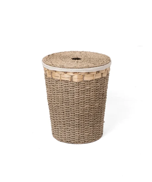 Wholesale Natural Water Hyacinth and Seagrass Mix Lid Laundry Basket with Fabric Liner