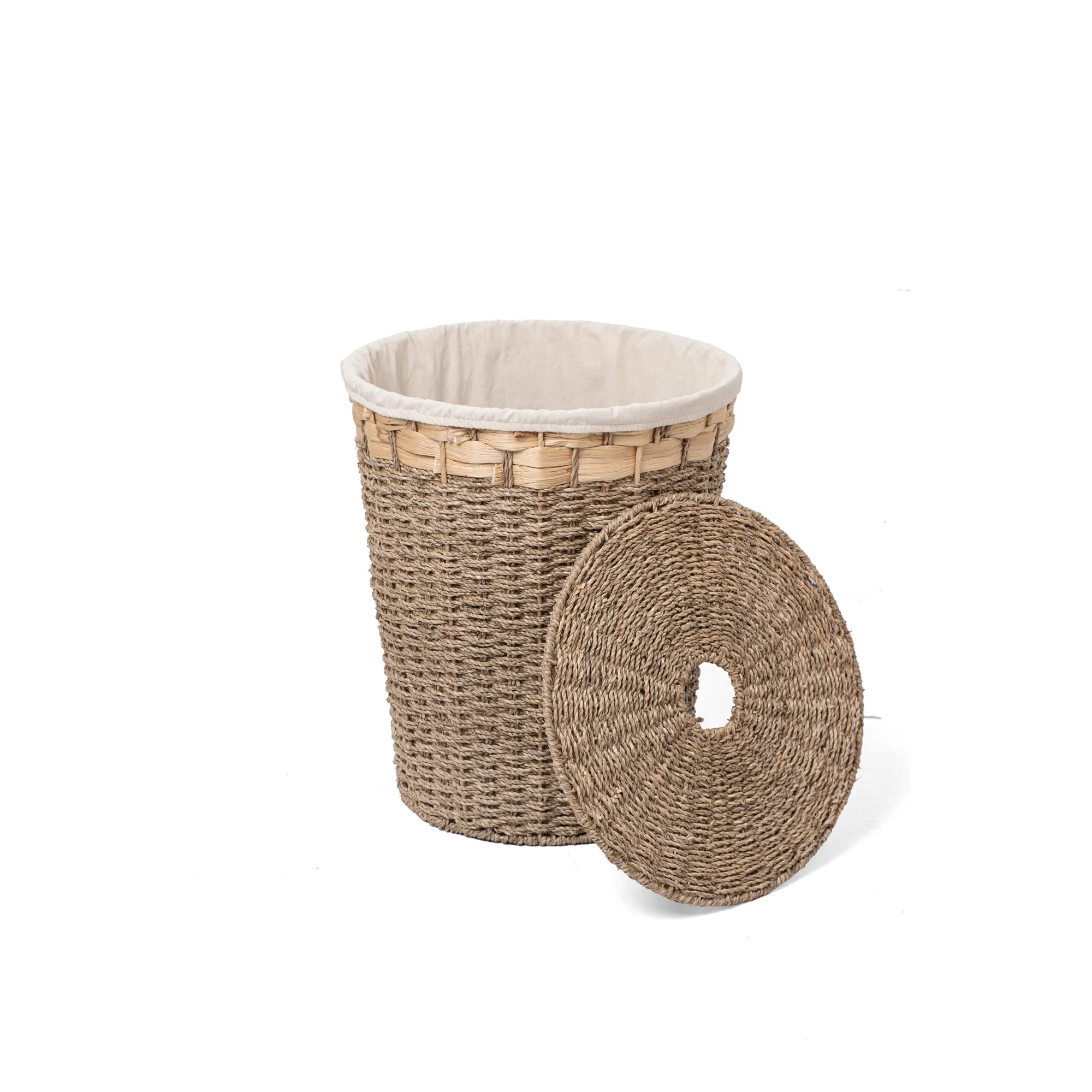 Wholesale Natural Water Hyacinth and Seagrass Mix Lid Laundry Basket with Fabric Liner Wholesale Natural Water Hyacinth and Seagrass Mix Lid Laundry Basket with Fabric Liner