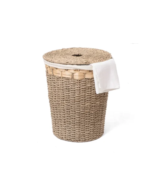 Wholesale Natural Water Hyacinth and Seagrass Mix Lid Laundry Basket with Fabric Liner